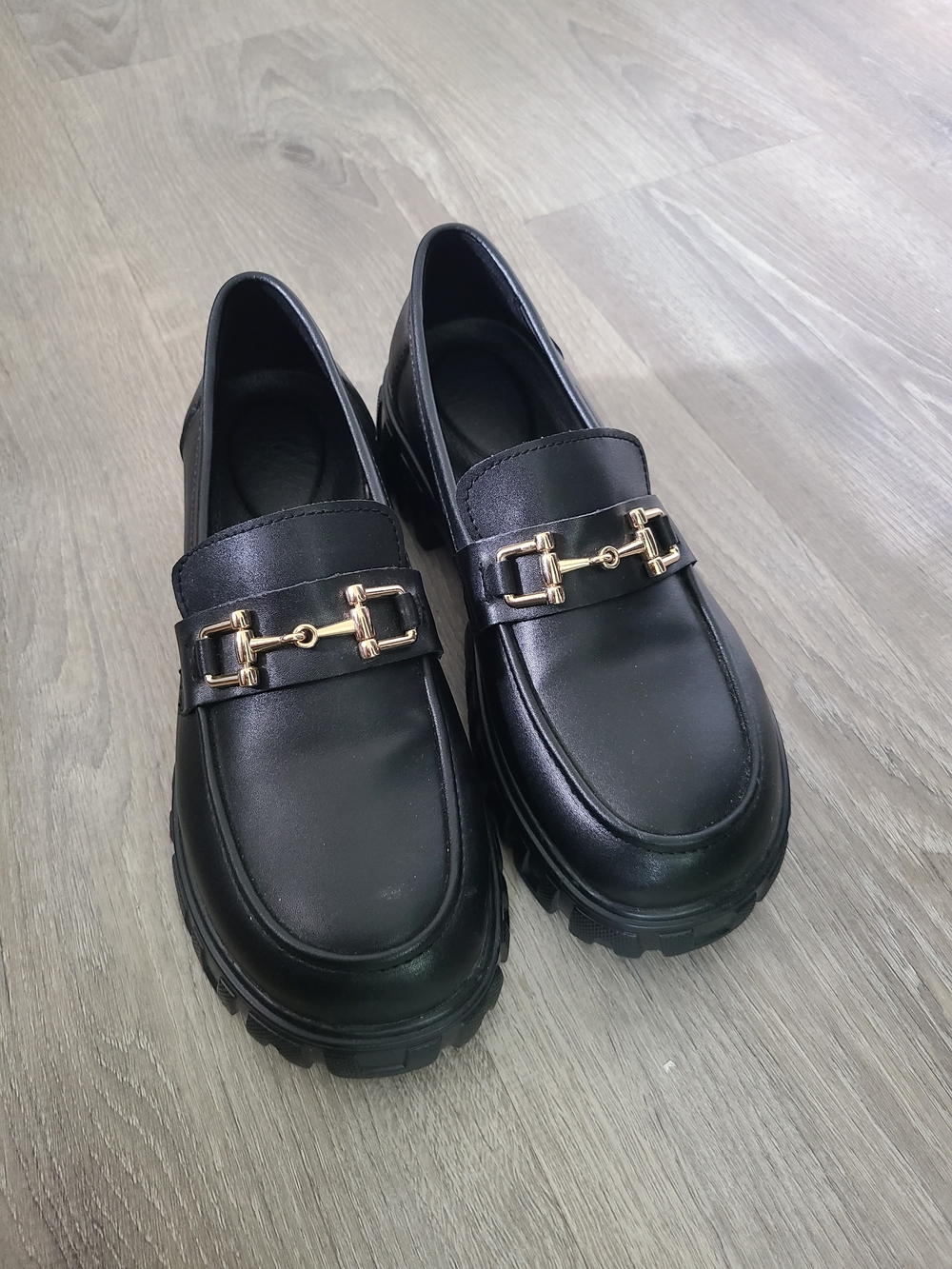 Black Faux Leather Loafers with Gold Buckle Detail